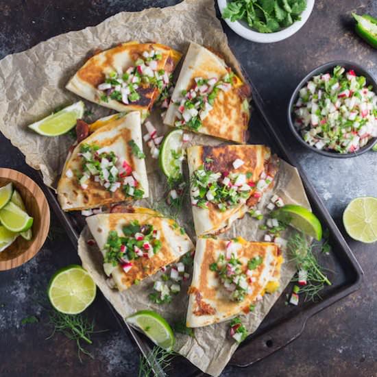 Chorizo Quesadillas w Radish Salsa
