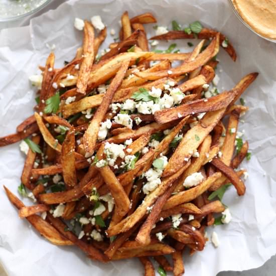 Feta Herb Fries with Harissa Hummus