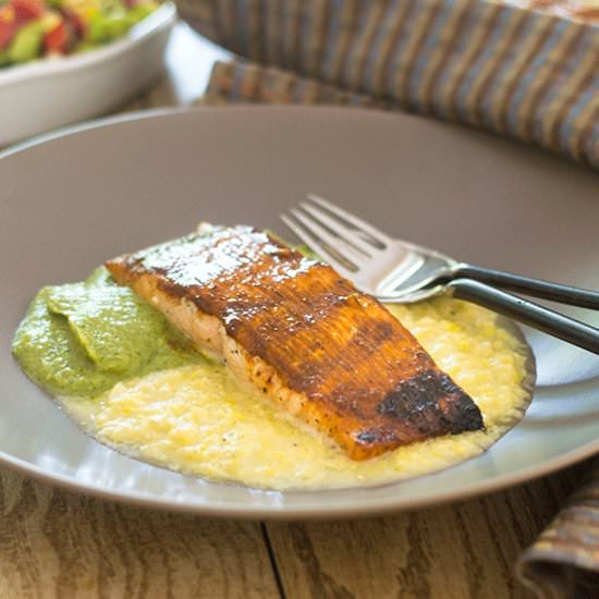 BBQ Salmon over Corn & Pea Purees