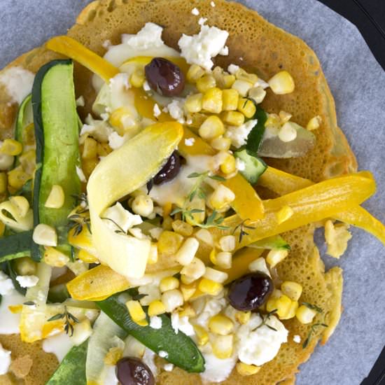 Zucchini Corn and Feta Socca Pizza
