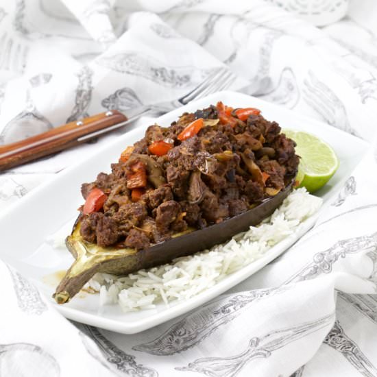 Spicy Sichuan Beef stuffed Eggplant