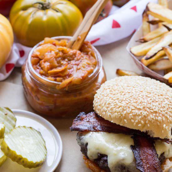 Bacon Cheddar Burgers w/ Tomato Jam