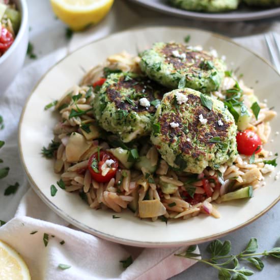 Feta Zucchini Cakes with Orzo Salad