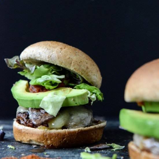 taco-rubbed burgers with avocado
