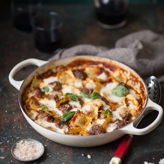 Meatball and Spinach Ravioli Bake