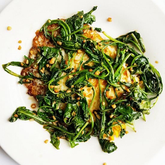 Fried Eggs with Garlicky Greens