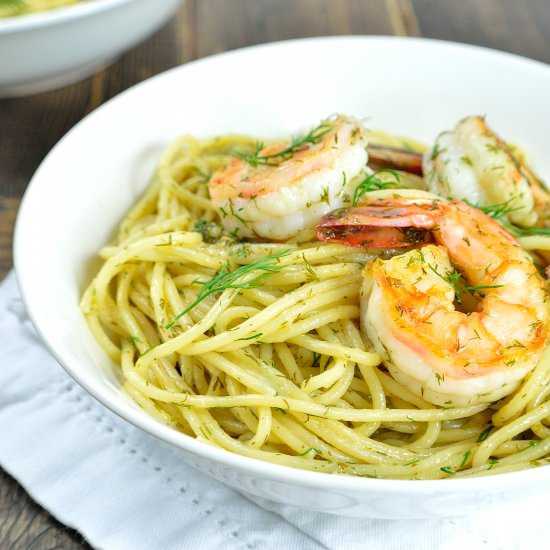 Spaghetti with prawns & dill butter