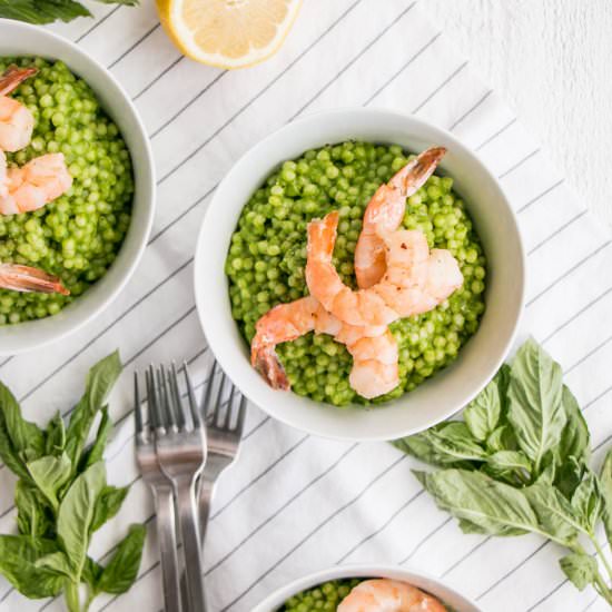 Spinach Pesto Couscous with Prawns