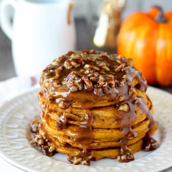 Pumpkin Pancakes with Praline Syrup