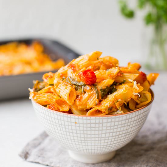 Tomato Spinach Cheese Pasta Bake