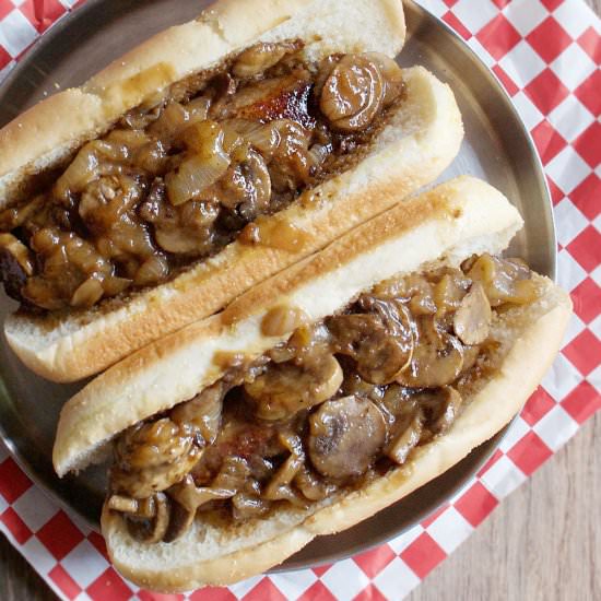 Beer Brats with Mushrooms & Onions