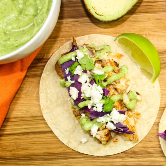 Skillet Fish Tacos with Avocado Cre