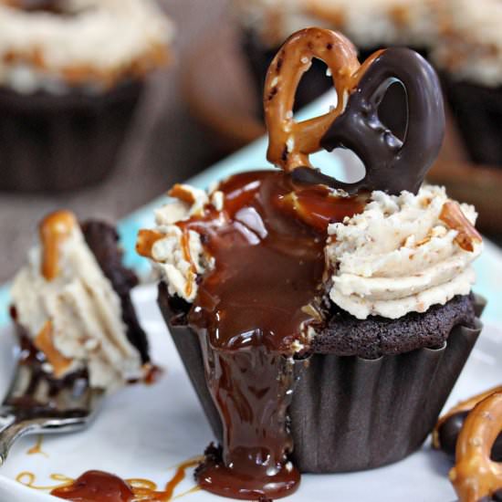 Chocolate-Dipped Pretzel Cupcakes