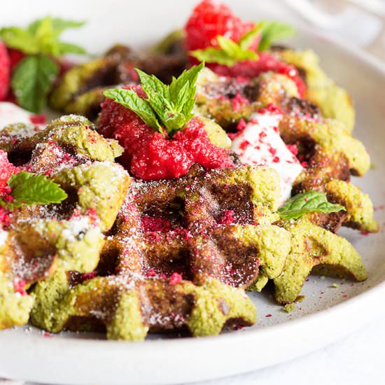 Matcha Waffles with Raspberry Couli