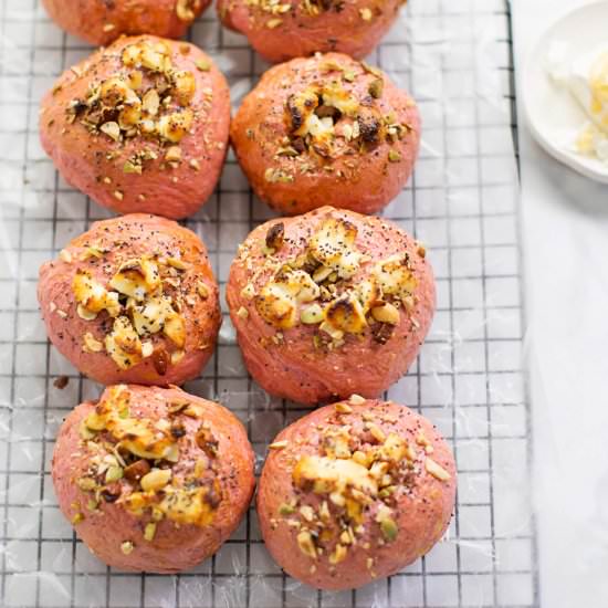 Beet, Goat Cheese and Honey Bagels
