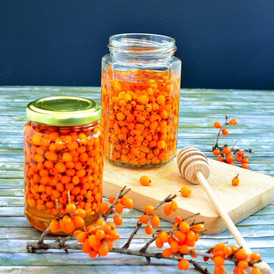 seabuckthorn with honey in a jar