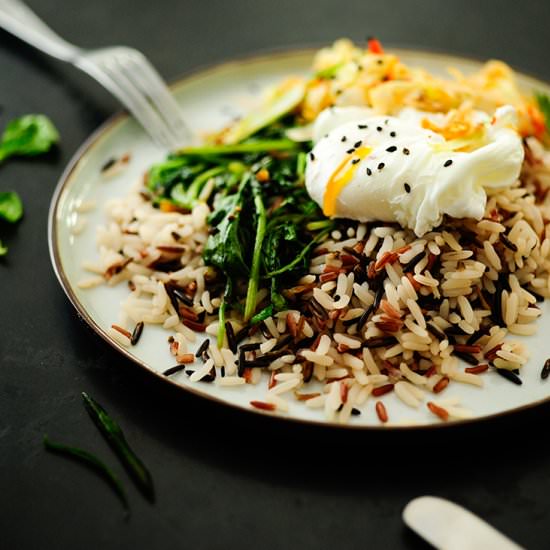 rice with spinach, egg and kimchi
