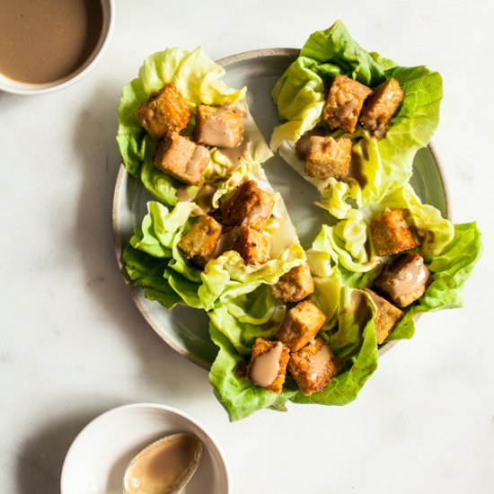 Spicy Peanut Tempeh Lettuce Wraps