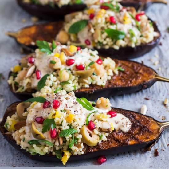 Roast aubergine with bulgur wheat