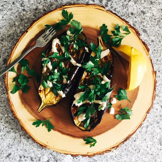 Cross-hatched broiled eggplant