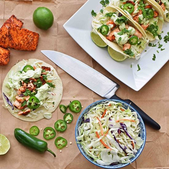 Salmon Taco with Avocado Crema