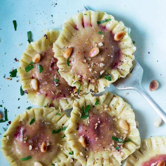 Gluten-free ravioli with beetroot