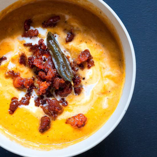 Roasted Sweet Potato Soup w/ Chorizo