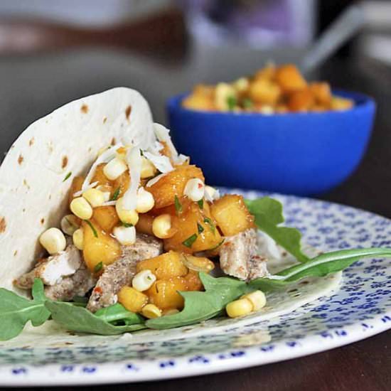 Spicy Pork Tacos with Peach & Corn