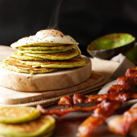 avocado pancakes + bacon &fried egg