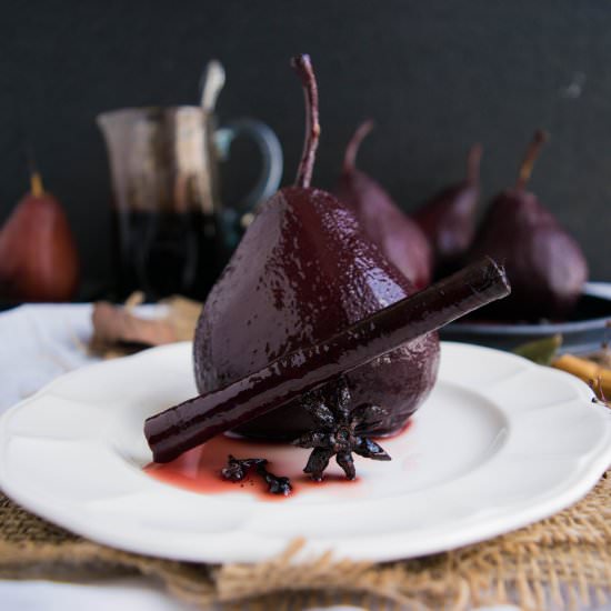 Pears poached in red wine & spices