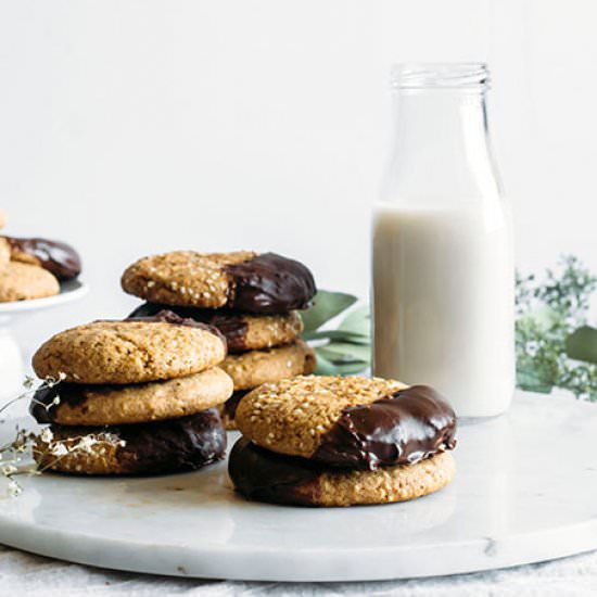 Chocolate Dipped Tahini Cookies