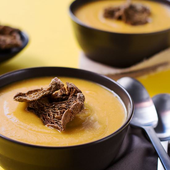 Vegan Pumpkin Soup & Mushroom Chips