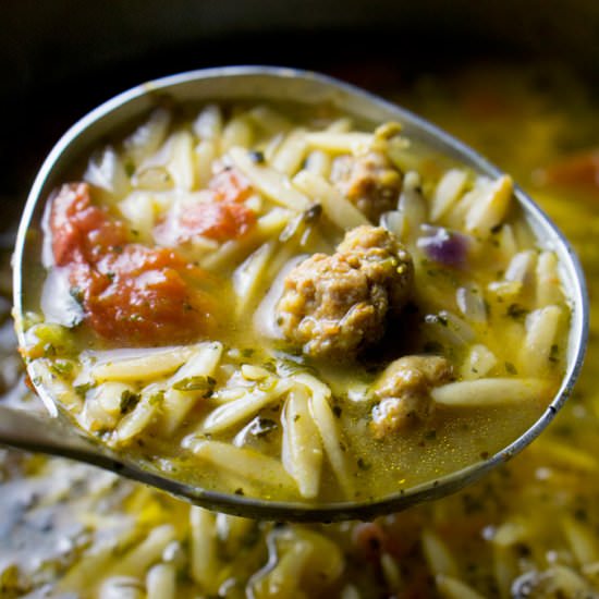 ITALIAN SAUSAGE TOMATO ORZO SOUP