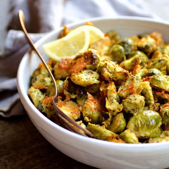 Lemon Parm Crusted Brussels Sprouts