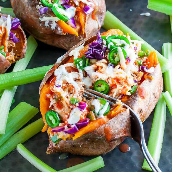 Buffalo Chicken Sweet Potatoes