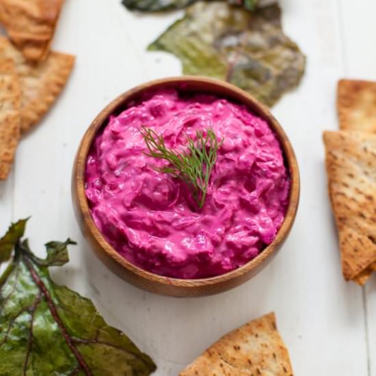 Beet Tzatziki with Beet Green Chips