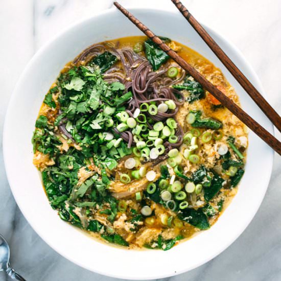 kimchi and buckwheat noodle soup