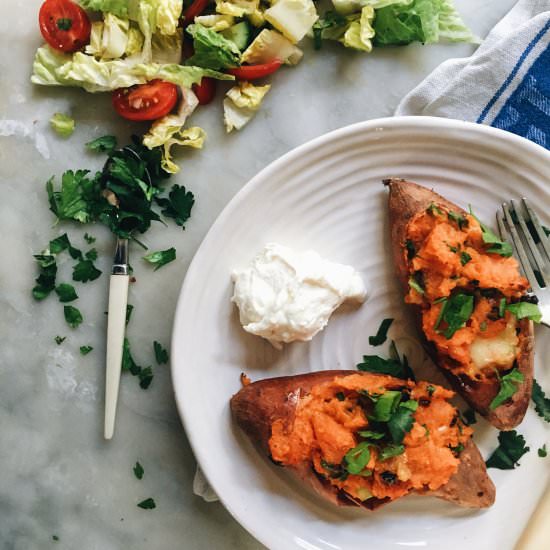 CHEESY TWICE BAKED SWEET POTATO
