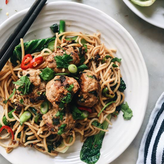 Asian Meatballs on Rice noodles