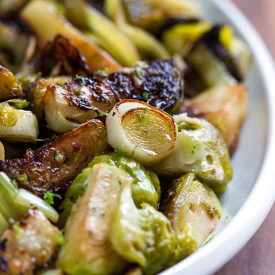 Pan Roasted Brussels Sprouts Leeks