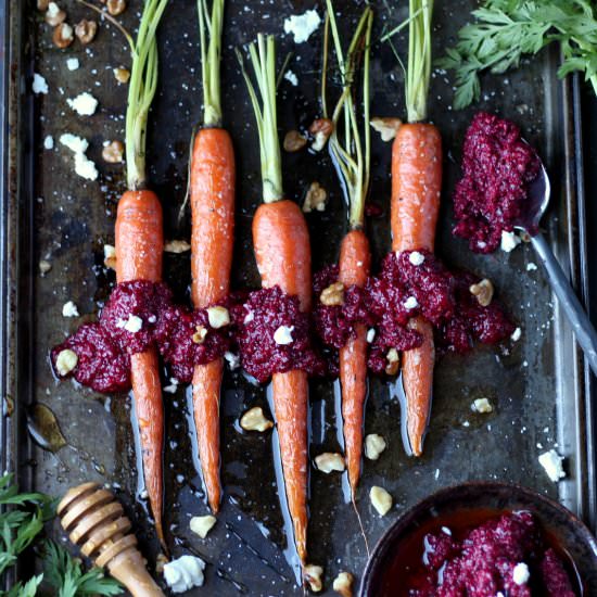 Baked Carrots + Roasted Beet Pesto
