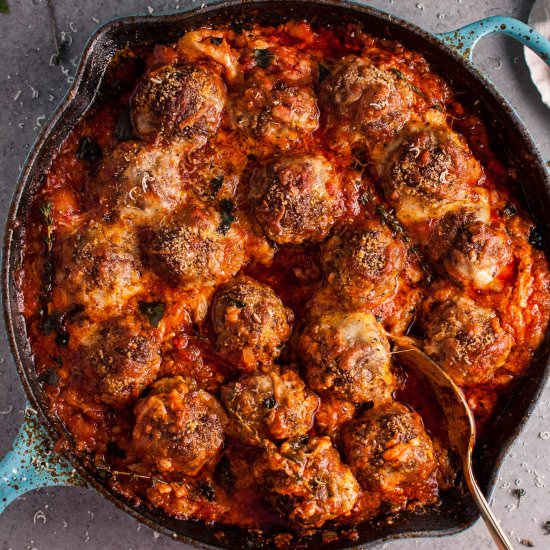 Cheesy Baked Meatball Skillet
