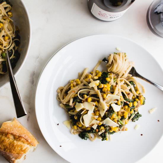 Linguini with Red Wine, Corn + Kale