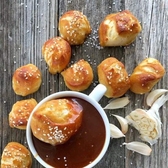 Pretzel Bites and Garlic Caramel Sauce