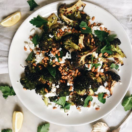 Roast Broccoli, Feta, Pine Nuts