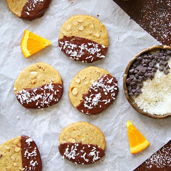 CHOCO-DIPPED ALMOND-ORANGE COOKIES