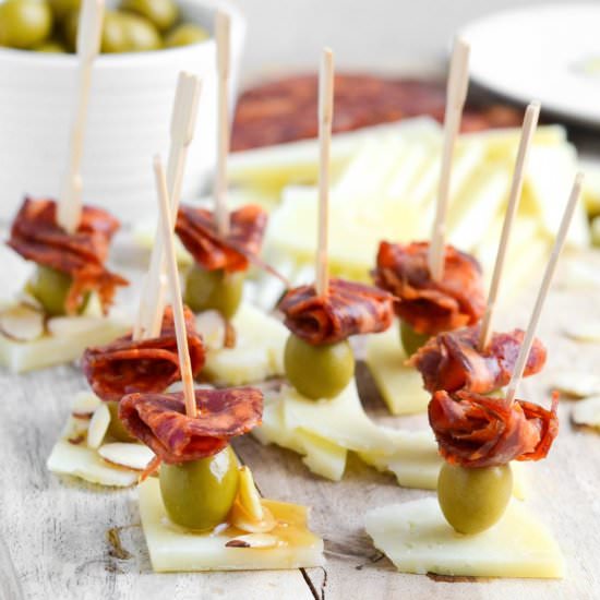 Chorizo, Manchego and Olive Skewers