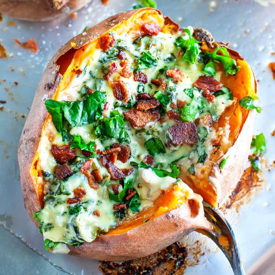 Cheesy Kale Stuffed Sweet Potatoes
