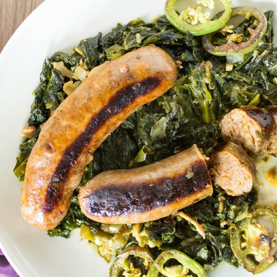Seared Sausages with Mustard Greens