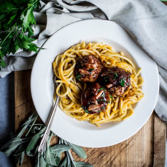 Pasta & BBQ Bourbon Bacon Meatballs